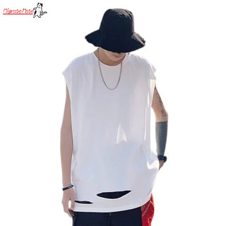 Áo vest dáng rộng mới, áo thun cotton rách, thương hiệu hợp thời trang, màu trơn, không tay thể thao
