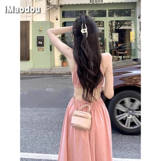 IMAODOU Màu Hồng Treo Cổ Dây Đầm Trẻ Em Thiết Kế Mùa Hè Sense Niche Spice Girl Coolred Sense Phong Cách Ngày Lễ Váy Dài Không Eo