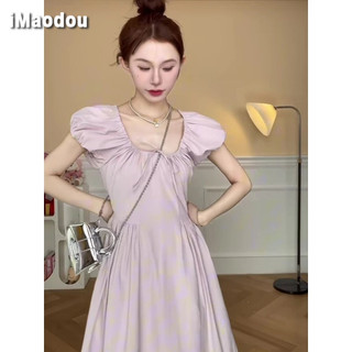 IMAODOU Pháp Cổ Chữ V bong bóng tay áo nữ mùa hè 2024 váy mới khí chất eo tách trà cảm giác cao cấp của váy dài