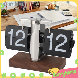 Berryhome lật đồng hồ để bàn cơ khí tự động 24h đế gỗ inox vintage retro kỹ thuật số cho văn phòng tại nhà