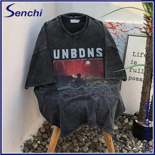 Áo thun Senchi dành cho nam và nữ, áo ngắn tay hiphop dáng rộng cổ điển kiểu Mỹ