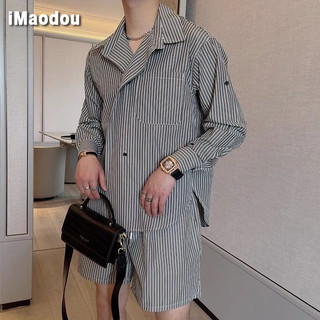 iMaodou Mùa Hè Ruffian Đẹp Trai Ánh Sáng Trưởng Thành Niche Cao Cấp Bên Placket Ve Áo Sọc Áo Sơ Mi Nam Thời Trang Quần Short Phù Hợp Với