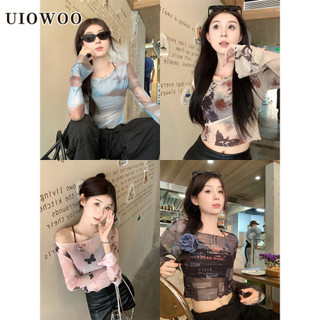 Uiowoo American Retro Tie-Dye Áo thun dài tay nữ mùa hè Hot Girl Thiết kế mỏng Phong cách chống nắng Slim-fit Phong cách ngắn Tính khí hàng đầu