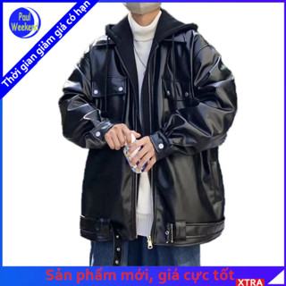 Áo khoác da PAULWEEKEND giả hai lớp dáng rộng có mũ trùm đầu thời trang xuân thu dành cho nam