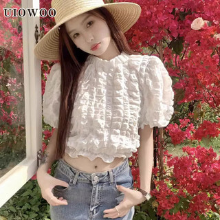 Uiowoo Xếp Ly Thiết Kế Áo Sơ Mi Nữ Tay Phồng Áo Sơ Mi Ngắn Sang Trọng Top