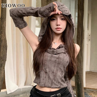 Uiowoo Ngọt Ngào Hot Girl Tay Ngắn Top Nữ Rách Áo Có Mũ Trùm Đầu Đáy Áo Thun