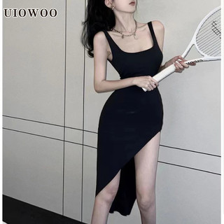 Uiowoo Gợi Cảm Viền Bên Khe Bể Top Đầm Không Tay
