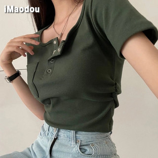 IMAODOU Áo thun ngắn tay vai tích cực mới mùa hè nữ phiên bản Hàn Quốc mỏng và mỏng tinh khiết khao khát Spice Girls Trăm đoạn ngắn