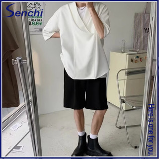 Áo thun Senchi xu hướng thời trang quần áo nam màu trơn cổ chữ V mới tay ngắn trẻ trung và hợp thời trang