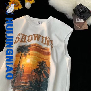 Huijingniao 2024 Áo thun Mỹ in hình cổ điển không tay Tank Top dáng rộng thể thao Tank Top