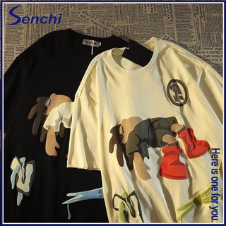 Áo thun Cotton Senchi phong cách Mỹ in hoạt hình ngắn tay áo thun nam dáng rộng phù hợp với nửa tay