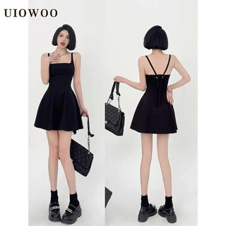 Uiowoo Đen Sling Đầm Nữ Thắt Lưng Thắt Nút Tính Khí Váy Eo Hẹp Váy Chữ a