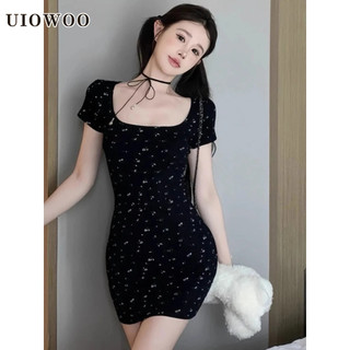 Uiowoo Hoa Ngắn Tay Dệt Kim Nữ Gợi Cảm Slim-Fit Ôm Hơn Nhìn Ngắn