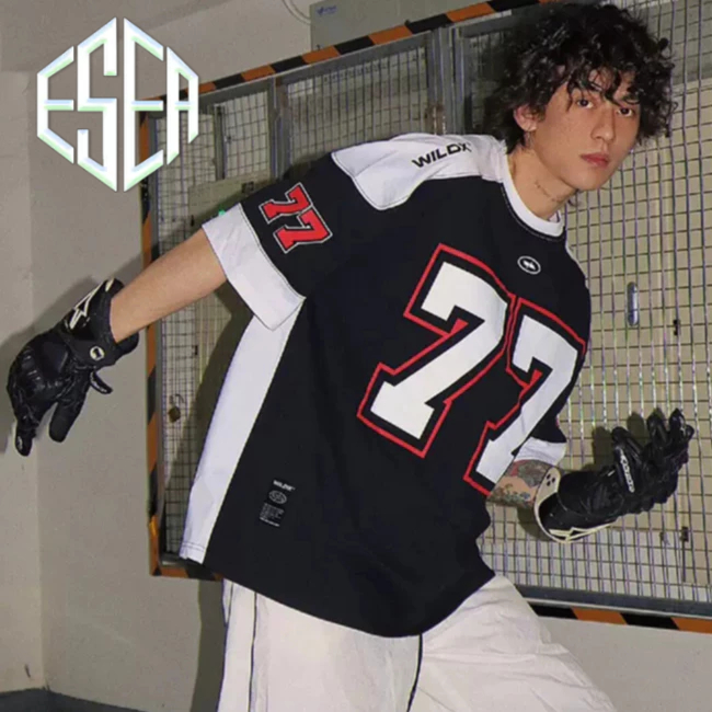  Esea Áo thun bóng bầu dục thể thao cổ điển Mỹ mùa hè nối áo thun bóng rổ hip-hop số 77 thông thường 