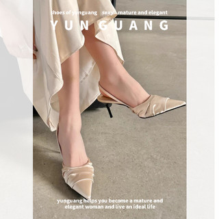 Yunguang Mới Phong Cách Trung Hoa Xăng đan Đẹp Nữ Mùa Hè Mới Pháp Nhọn Lưng Trống Giày Đơn satin Một Chữ Dây Cao Gót Đen