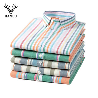 Áo sơ mi nam HANLU thiết kế sọc đơn giản Oxford dệt kim dài tay đầy màu sắc size M-4XL