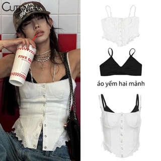 Cutenew Áo Ngực Sang Trọng + Ren Viền Bộ Hai Mảnh Nữ Mùa Hè Thoáng Mát Y2K Phong Cách Đường Phố Crop Top