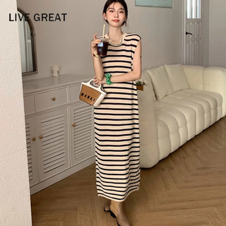LIVE GREAT  Đầm Dệt Kim Dáng Dài Họa Tiết Kẻ Sọc Phong Cách Pháp Thời Trang Cho Nữ