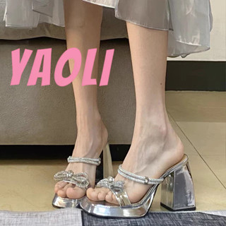 YAOLI Giày cao gót đế dày dép xỏ ngón quai bạc đính đá cao cấp