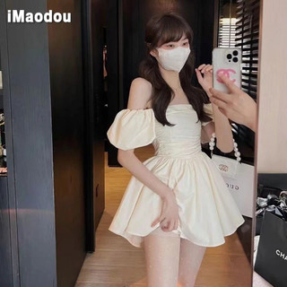 IMAODOU Khát vọng thuần khiết hai mặc kiểu Pháp bong bóng tay áo thắt lưng một từ quây eo phồng váy ngắn váy kỳ nghỉ nhỏ váy mùa hè
