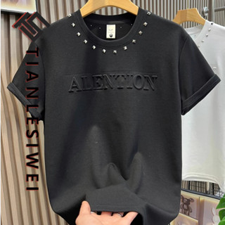 Tianlesiwei Áo thun nam thông thường thời trang phù hợp mùa hè đinh tán in hình dáng rộng cổ tròn áo thun ngắn tay