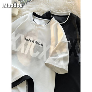 iMaodou Dây Buộc Giả Hai Mảnh Áo Thun Ngắn Tay Nam Mùa Hè Dạo Phố Rời Kích Thước Lớn Cổ Tròn Quần Áo Chữ Cái Mỹ Nặng Nửa Tay