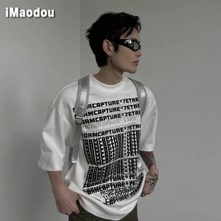 iMaodou Áo thun ngắn tay kiểu Mỹ High Street Summer Letter Cổ tròn hợp thời trang dáng rộng nửa tay Top Retro Street