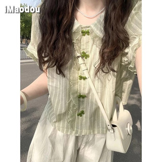 IMAODOU Áo sơ mi voan ngắn tay gió nhẹ nhàng kiểu Pháp nữ mùa hè cổ búp bê ngọt ngào bong bóng tay áo sơ mi