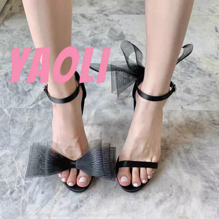 YAOLI  Giày cao gót Châu Âu và Mỹ mới mũi hở lưới ngọt ngào nơ dây đeo một dây Xăng đan