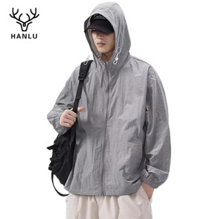 Áo khoác mỏng nam HANLU màu trơn mát mẻ dây kéo tấn công ngoài trời có mũ trùm đầu cỡ lớn M-3XL