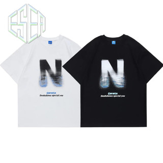 Áo thun nam ESEA tay ngắn phong cách Harajuku Nhật Bản dáng rộng in chữ giản dị phong cách hip-hop tay ngắn