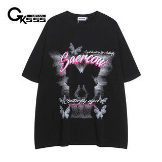 Áo thun nam Gksss tay ngắn mới phong cách đại học Mỹ bướm chữ graffiti phong cách trung tính cổ tròn tay ngắn