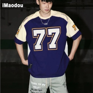iMaodou Châu Âu Mỹ Phong Cách Ngắn Tay Nam Mỹ Retro Thể Thao Khâu Thường Ngày Bóng Bầu Dục Áo Bóng Rổ Hip-Hop Jersey Áo Thun T