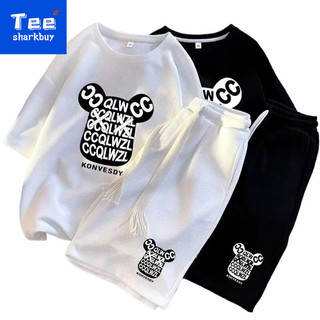 M-5xl Waffle Gấu Phù Hợp Với Bé Trai Mùa Hè Áo Thun Ngắn Tay + Quần Short Phù Hợp Với Hai Mảnh Kích Thước Lớn