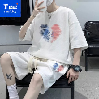 M-5xl In Bánh Waffle Phù Hợp Với Nam Thể Thao Mùa Hè Tay Ngắn + Quần Short Hai Mảnh Phù Hợp Với Kích Thước Lớn
