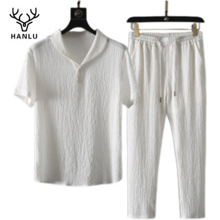 Bộ đồ nam HANLU, quần ngắn tay thời trang thể thao mỏng họa tiết giản dị, bộ đồ hai mảnh