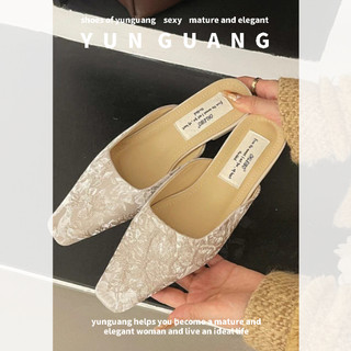 Yunguang Phong cách quốc gia mới phong cách cổ tích Trung Quốc ren đầu vuông gót dày khí chất Pháp Baotou lưng trống nửa dép sandal dành cho nữ