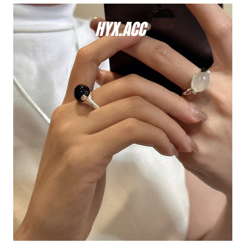 Nhẫn nữ Retro Đơn Giản Đen Trắng Nhẫn Opal