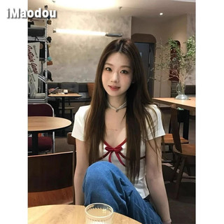 IMAODOU Áo thun ngắn tay cổ chữ v thuần khiết của Pháp dành cho nữ mùa hè eo nhỏ nhẹ nhàng Bộ áo ngắn cay