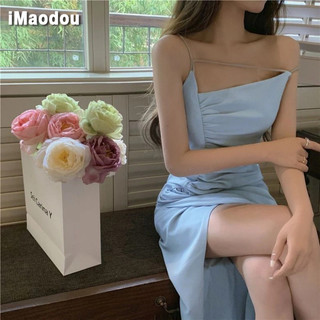 IMAODOU Áo thun khí chất mùa hè kiểu Pháp thiết kế không đều mới váy dài xếp li mỏng váy hở mỏng