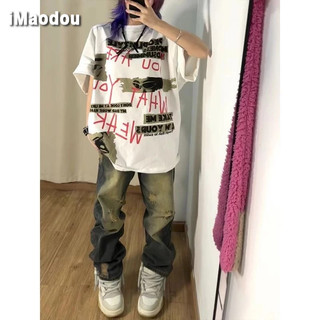 Cotton đường phố Mỹ graffiti chữ in hình áo thun ngắn tay nữ dáng rộng mùa hè thiết kế mới niche nửa tay