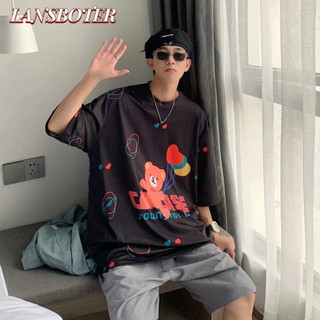 Áo thun nam LANSBOTER Mùa hè xu hướng thời trang Hàn Quốc màu hồng nguyên chất cotton phong cách nước ngoài unisex dáng rộng giản dị áo ngắn tay