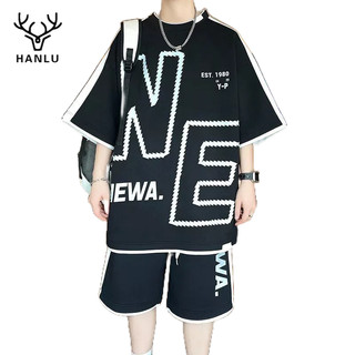 Bộ đồ nam HANLU, tay ngắn trẻ trung, in chữ lớn dáng rộng, bộ hai mảnh cotton đa năng