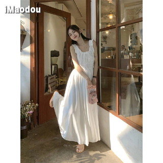 IMAODOU Mùa Hè Pháp retro Cổ Chữ V Dây Rút Xếp Ly Eo Mỏng Lớn Đầm Nữ Màu Trắng Chắc Chắn