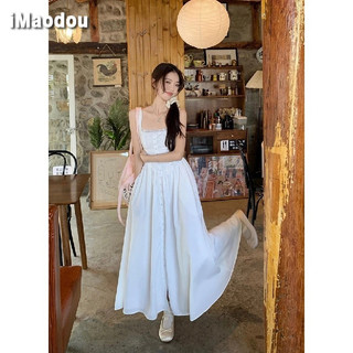 IMAODOU Váy dây trắng mùa hè ren ren nối mỏng Một từ tình yêu đầu tiên váy dài ngày lễ phong cách bên bờ biển