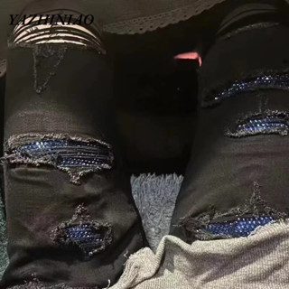  Yazhiniao Quần Nam Mỹ retro Xu Hướng Xanh Kim Cương Lỗ Co Giãn Chân Mỏng Joker Quần Jean Nam 