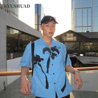 Kyushuad Áo sơ mi nam ngắn tay cổ điển Mỹ cổ Cuba in hình cây dừa phong cách kỳ nghỉ Áo thun phong cách đại học màu xanh Hawaii dành cho nam