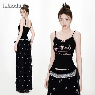 IMAODOU Bộ dây treo phong cách ngọt ngào và cay + quần mùa hè Nơ ống rộng Quần thường ngày Bảng chữ cái Dây treo in ren