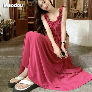 IMAODOU Mùa hè Pháp retro cổ chữ V dây rút xếp ly eo mỏng váy xích đu lớn nữ màu trắng trơn