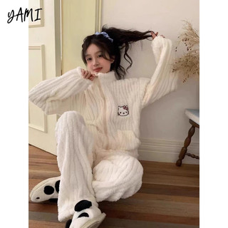 YAMI bộ đồ ngủ hello kitty vải lông cừu san hô Dễ thương hoạt hình pijama đồ mặc nhà nữ